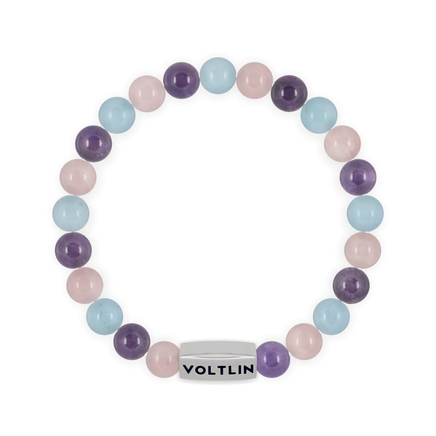 Front view of an 8mm Serenity beaded stretch bracelet featuring Rose Quartz, Amethyst, & Aquamarine crystal and silver stainless steel logo bead made by Voltlin
