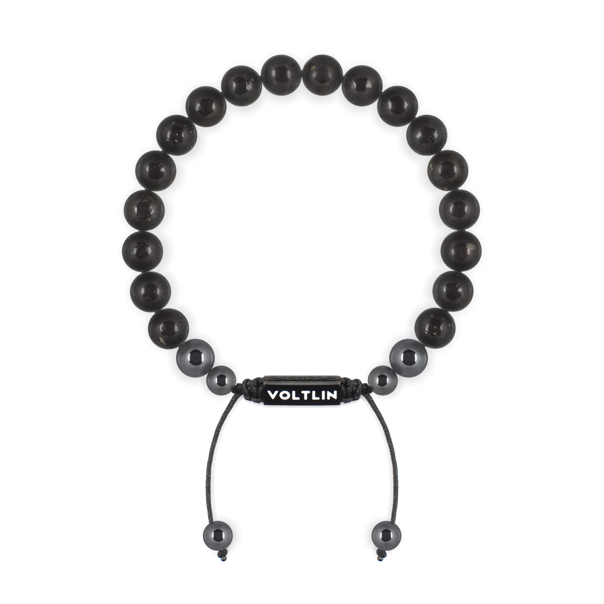 Top view of an 8mm Shungite crystal beaded shamballa bracelet with black stainless steel logo bead made by Voltlin