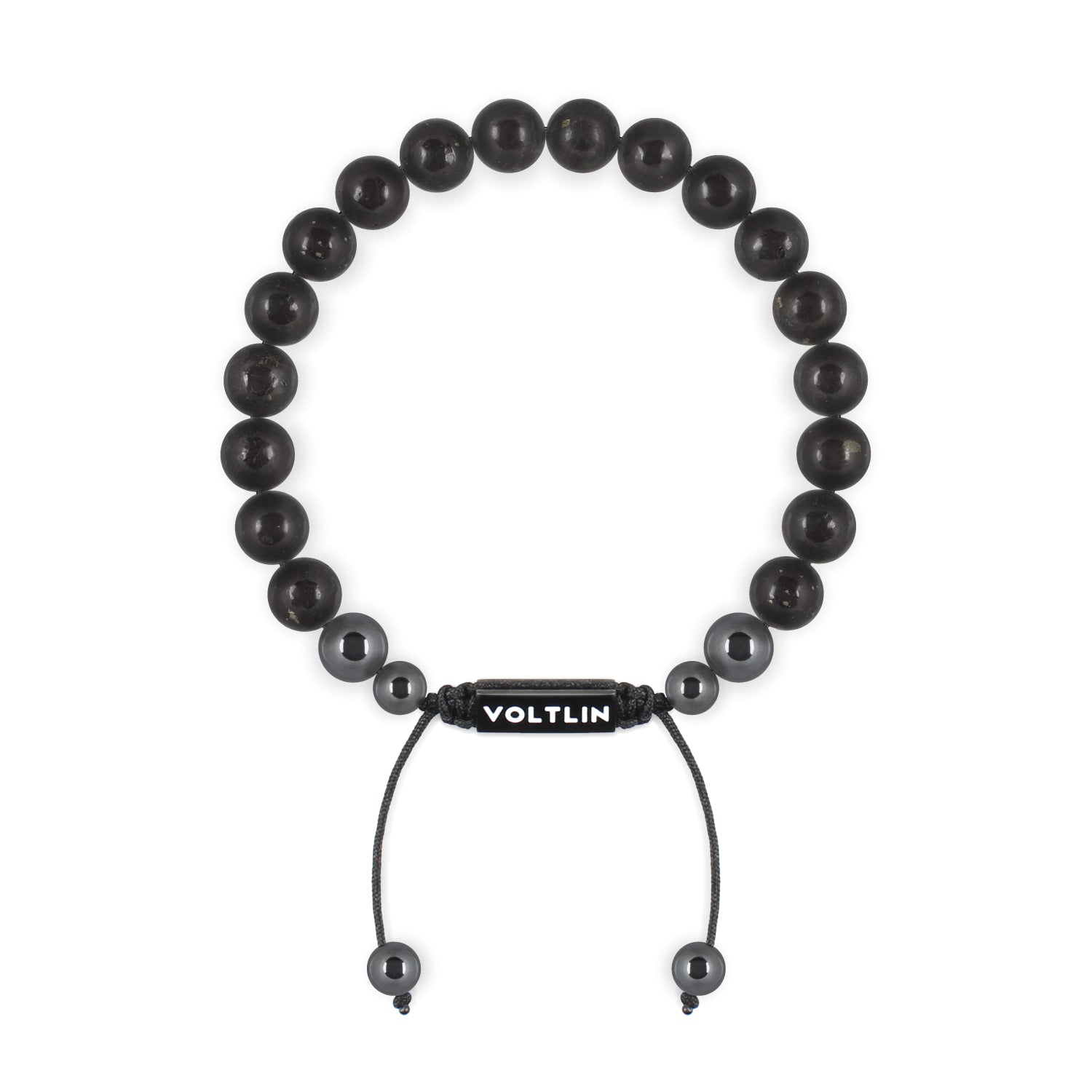 Front view of an 8mm Shungite crystal beaded shamballa bracelet with black stainless steel logo bead made by Voltlin