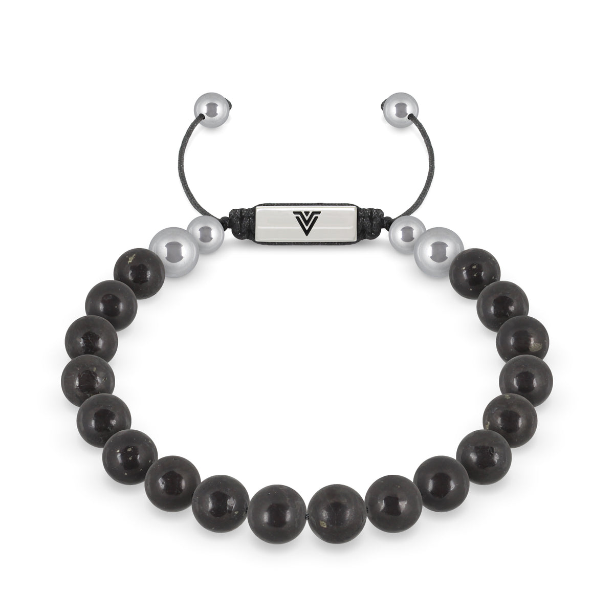 Front view of an 8mm Shungite beaded shamballa bracelet with silver stainless steel logo bead made by Voltlin