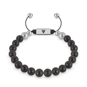 Front view of an 8mm Shungite beaded shamballa bracelet with silver stainless steel logo bead made by Voltlin