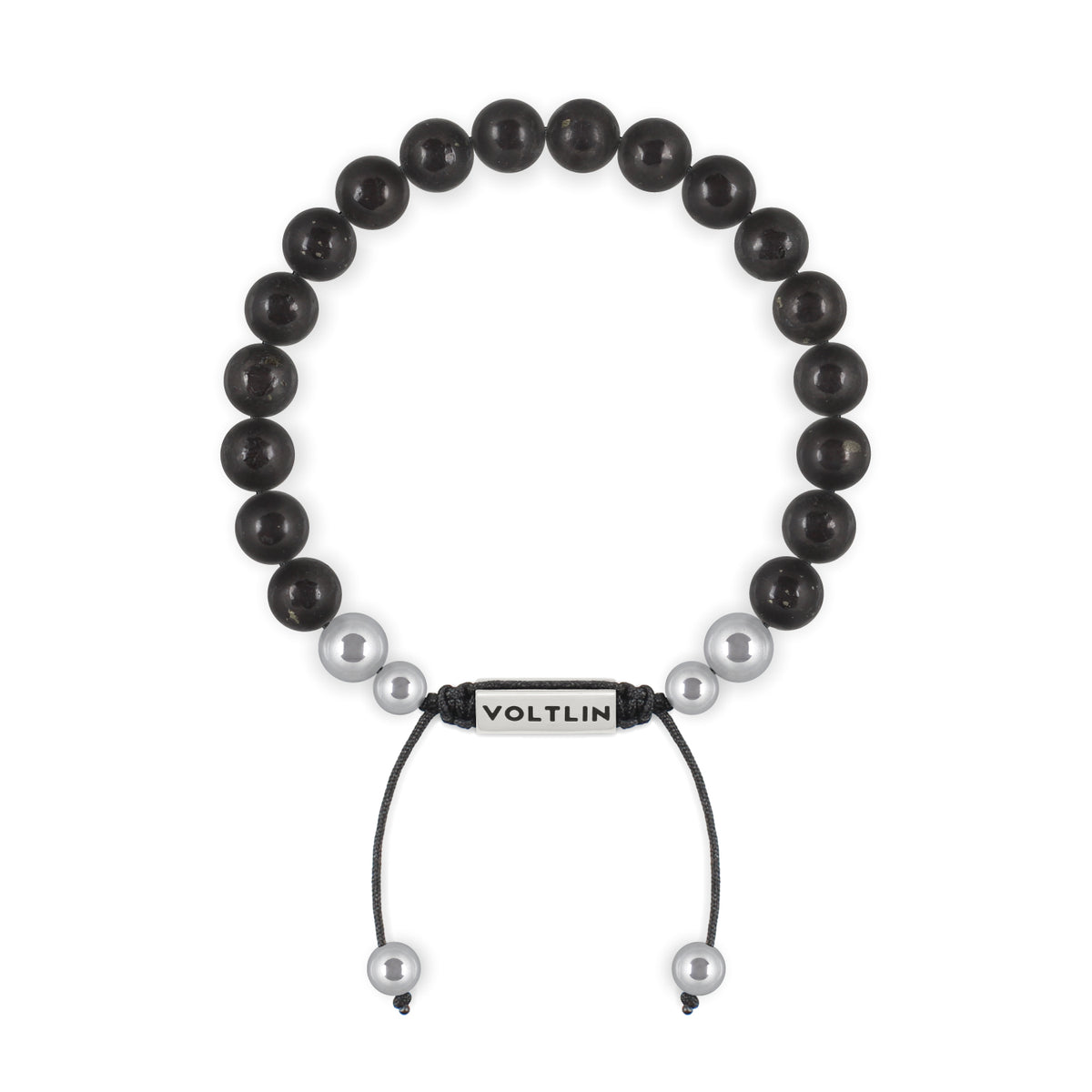 Top view of an 8mm Shungite beaded shamballa bracelet with silver stainless steel logo bead made by Voltlin