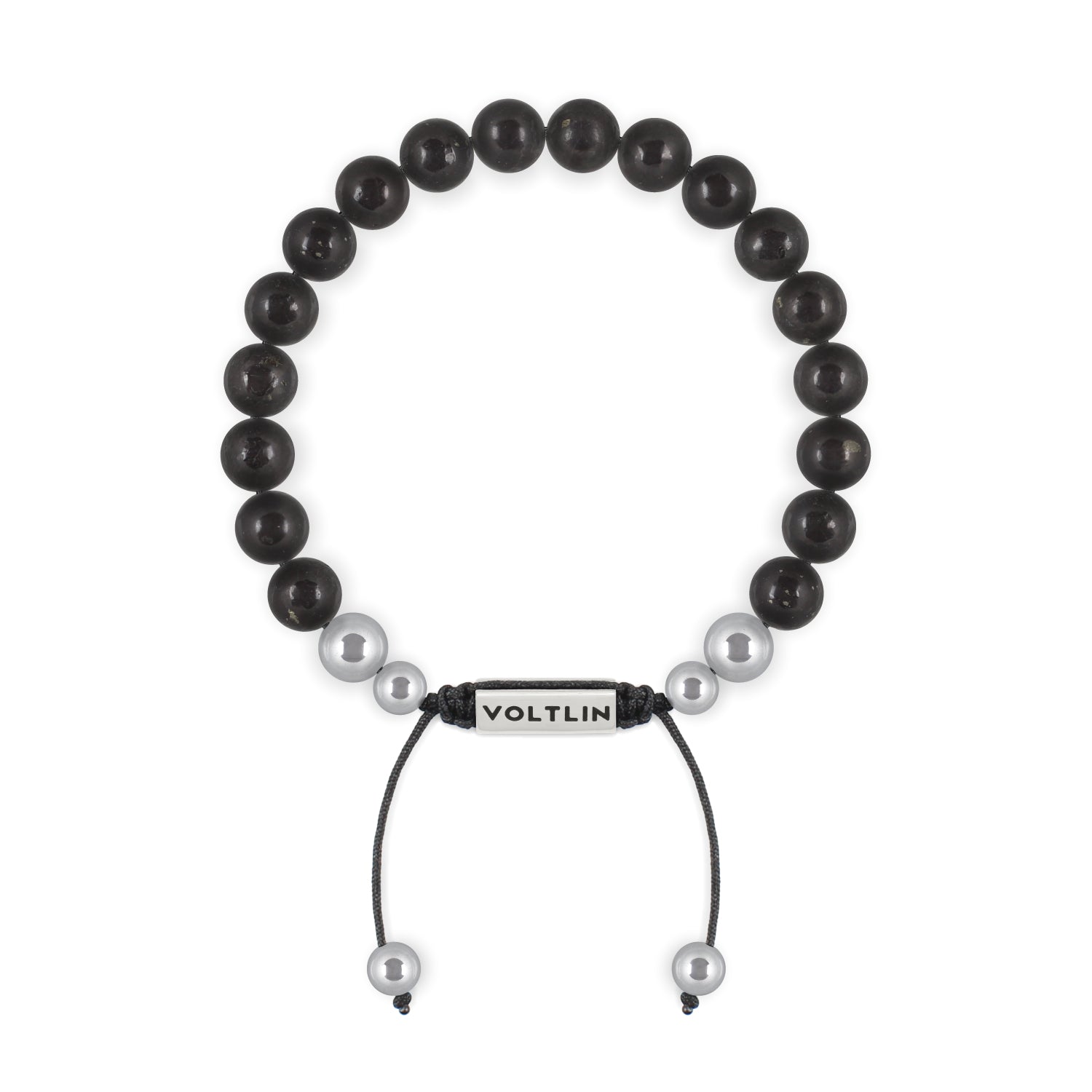 Top view of an 8mm Shungite beaded shamballa bracelet with silver stainless steel logo bead made by Voltlin