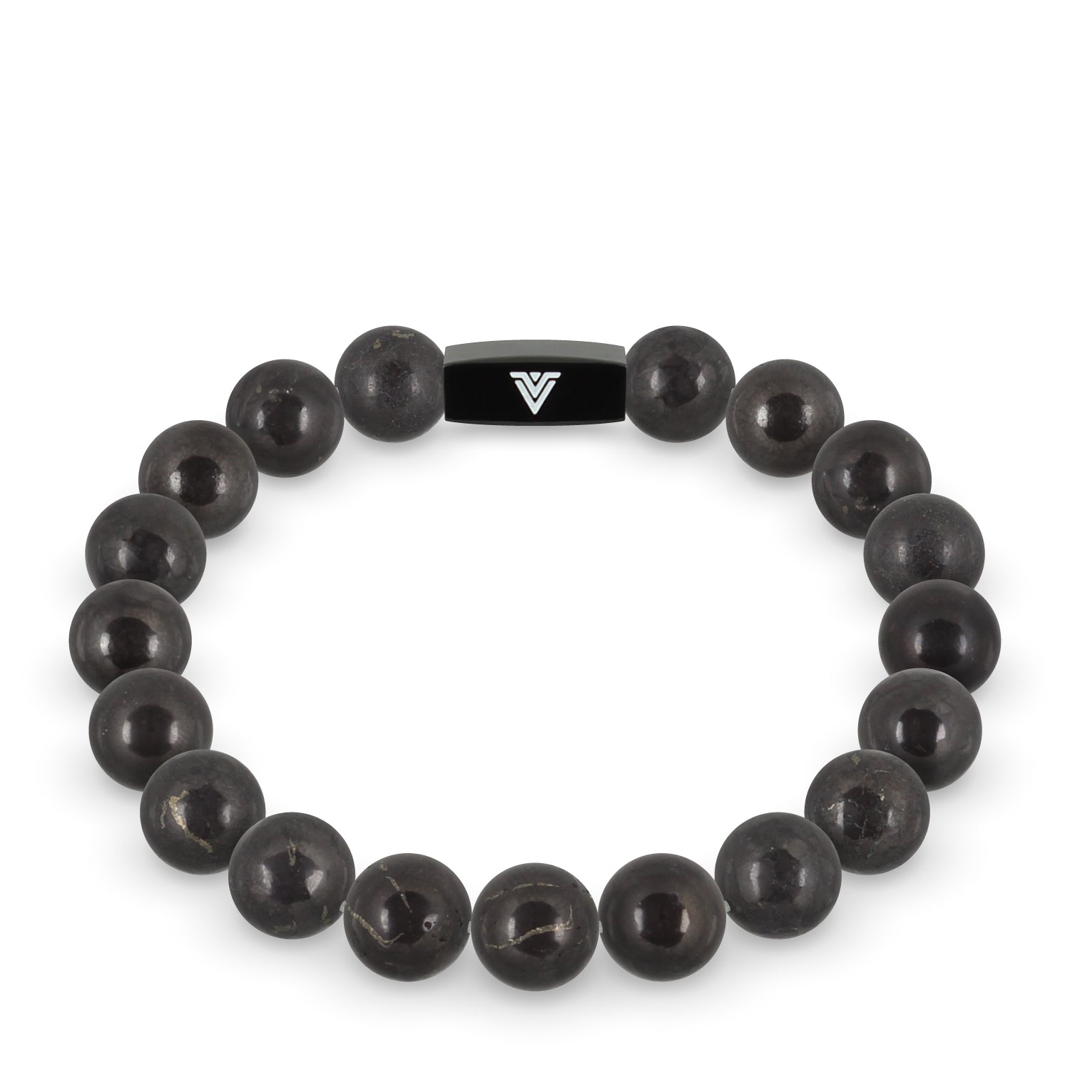 Front view of a 10mm Shungite crystal beaded stretch bracelet with black stainless steel logo bead made by Voltlin