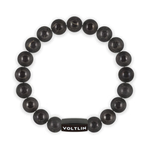 Top view of a 10mm Shungite crystal beaded stretch bracelet with black stainless steel logo bead made by Voltlin