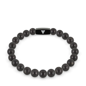 Front view of an 8mm Shungite crystal beaded stretch bracelet with black stainless steel logo bead made by Voltlin