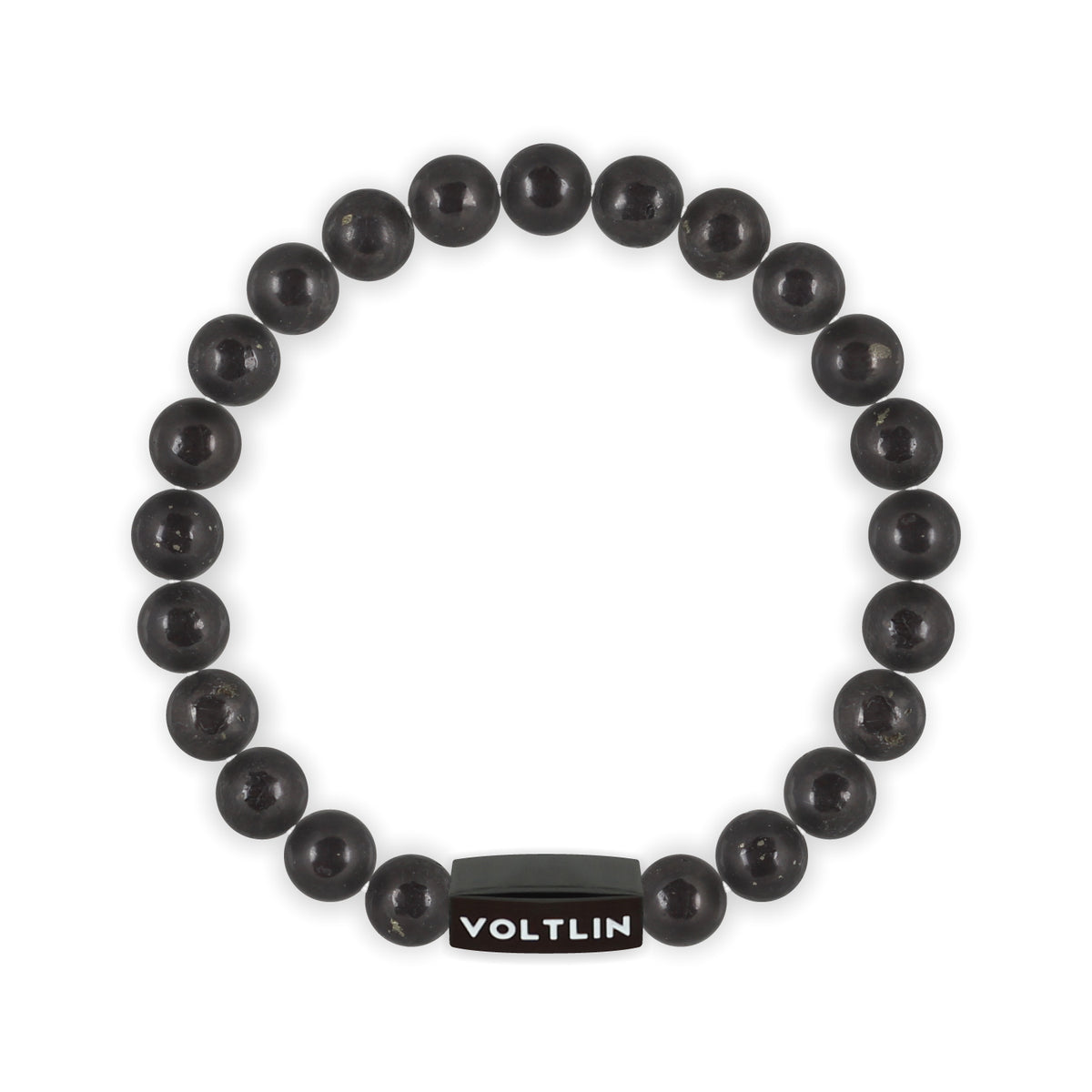 Top view of an 8mm Shungite crystal beaded stretch bracelet with black stainless steel logo bead made by Voltlin