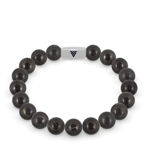 Front view of a 10mm Shungite beaded stretch bracelet with silver stainless steel logo bead made by Voltlin