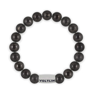 Top view of a 10mm Shungite beaded stretch bracelet with silver stainless steel logo bead made by Voltlin