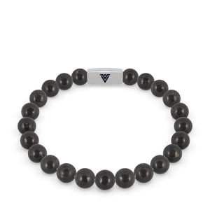 Front view of an 8mm Shungite beaded stretch bracelet with silver stainless steel logo bead made by Voltlin