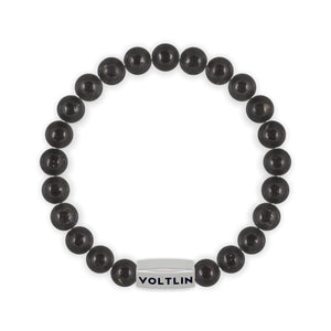 Top view of an 8mm Shungite beaded stretch bracelet with silver stainless steel logo bead made by Voltlin