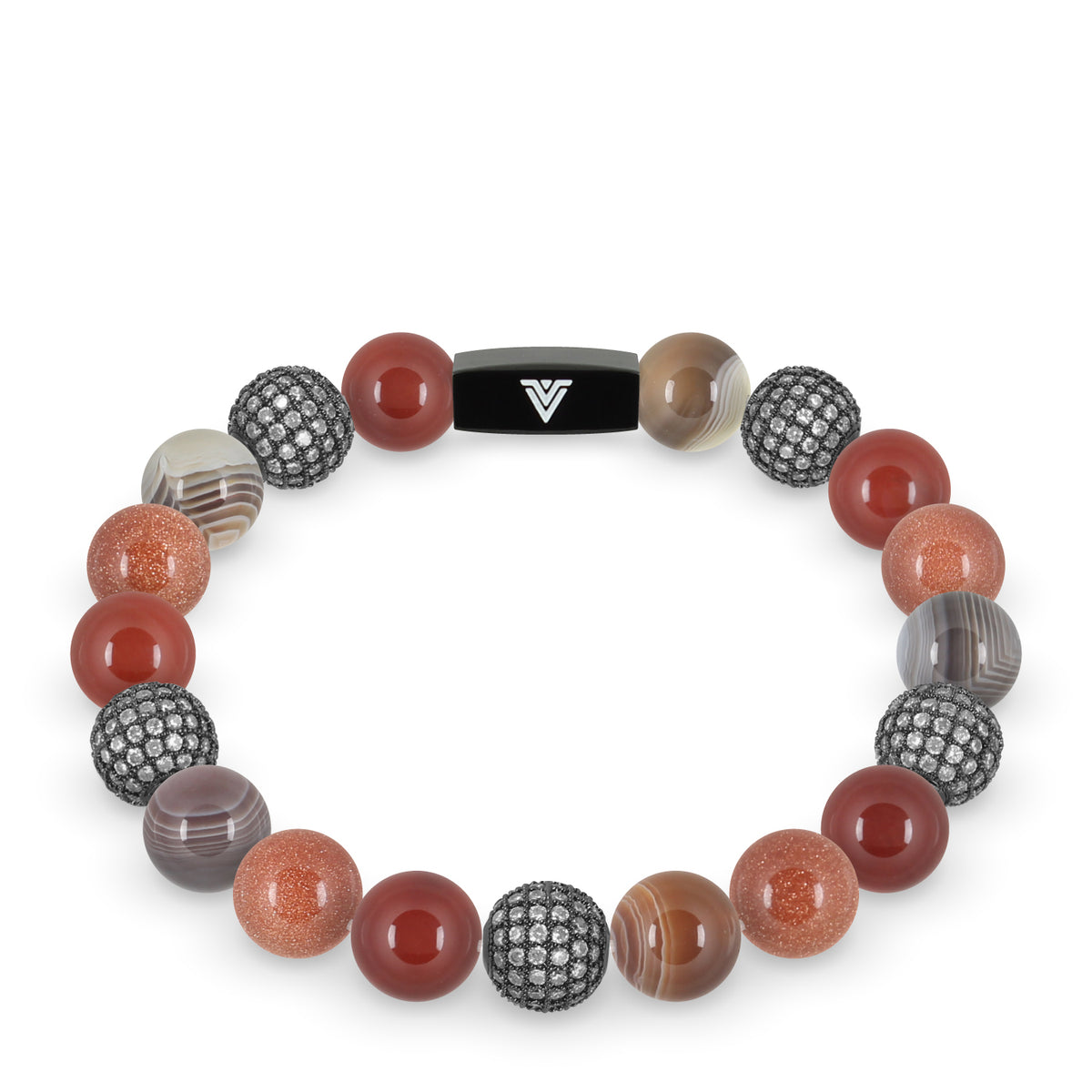 Front view of a 10 mm Sienna Sirius beaded stretch bracelet featuring Carnelian, Steel Pave, Smooth Botswana Agate, & Red Goldstone crystal and black stainless steel logo bead made by Voltlin