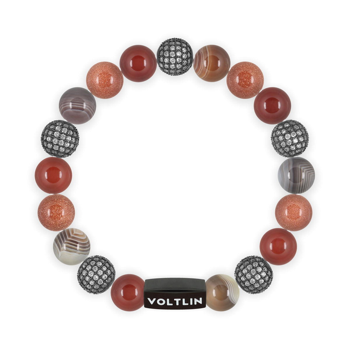 Top view of a 10 mm Sienna Sirius beaded stretch bracelet featuring Carnelian, Steel Pave, Smooth Botswana Agate, & Red Goldstone crystal and black stainless steel logo bead made by Voltlin