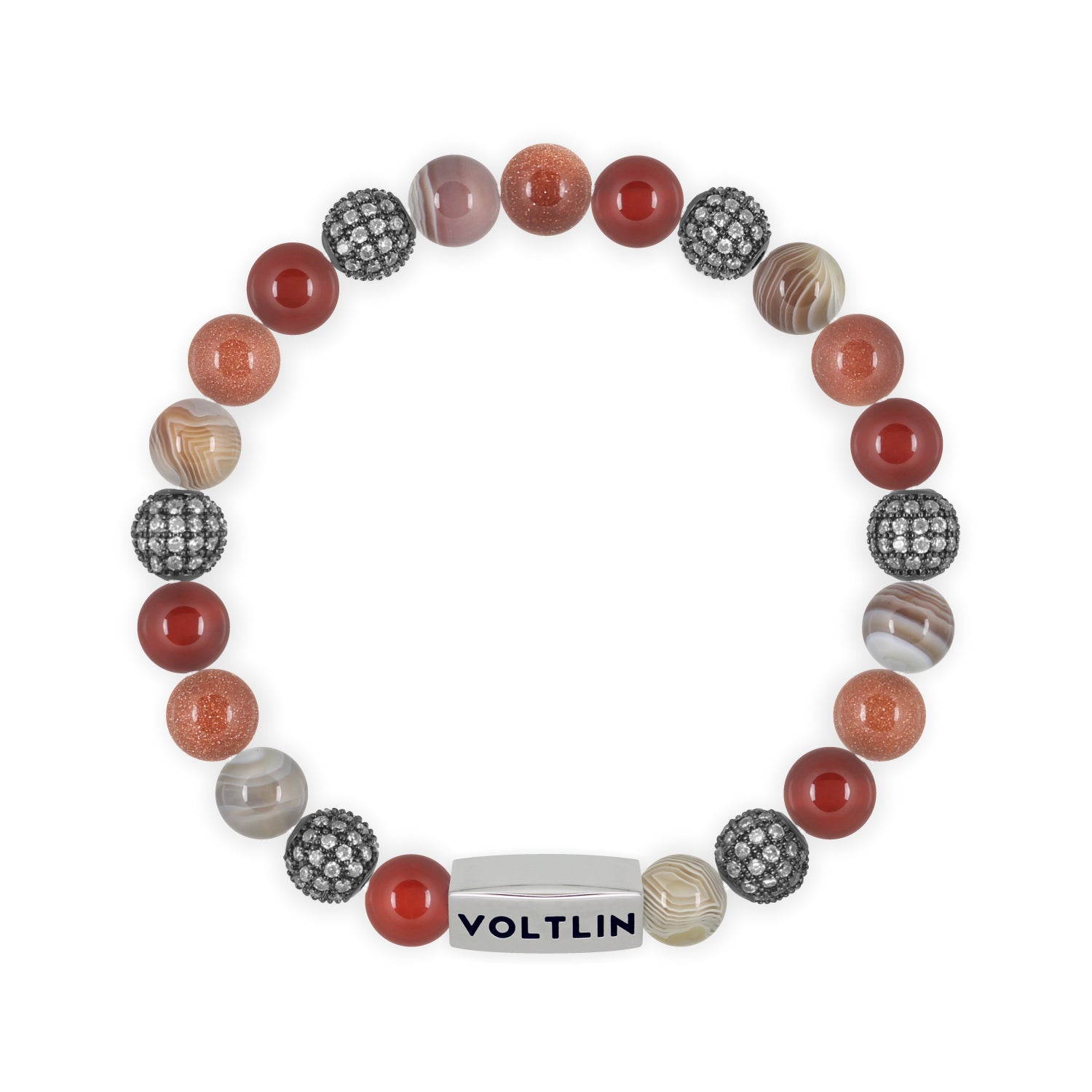 Front view of an 8mm Sienna Sirius beaded stretch bracelet featuring Carnelian, Steel Pave, Smooth Botswana Agate, & Red Goldstone crystal and silver stainless steel logo bead made by Voltlin