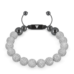 Front view of a 10mm Silver Pave crystal beaded shamballa bracelet with black stainless steel logo bead made by Voltlin