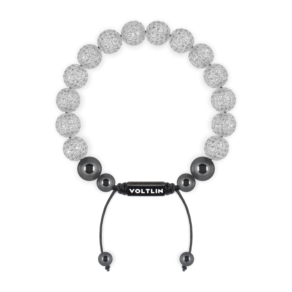 Top view of a 10mm Silver Pave crystal beaded shamballa bracelet with black stainless steel logo bead made by Voltlin