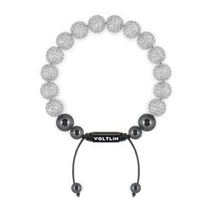 Top view of a 10mm Silver Pave crystal beaded shamballa bracelet with black stainless steel logo bead made by Voltlin