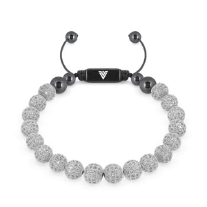 Front view of an 8mm Silver Pave crystal beaded shamballa bracelet with black stainless steel logo bead made by Voltlin