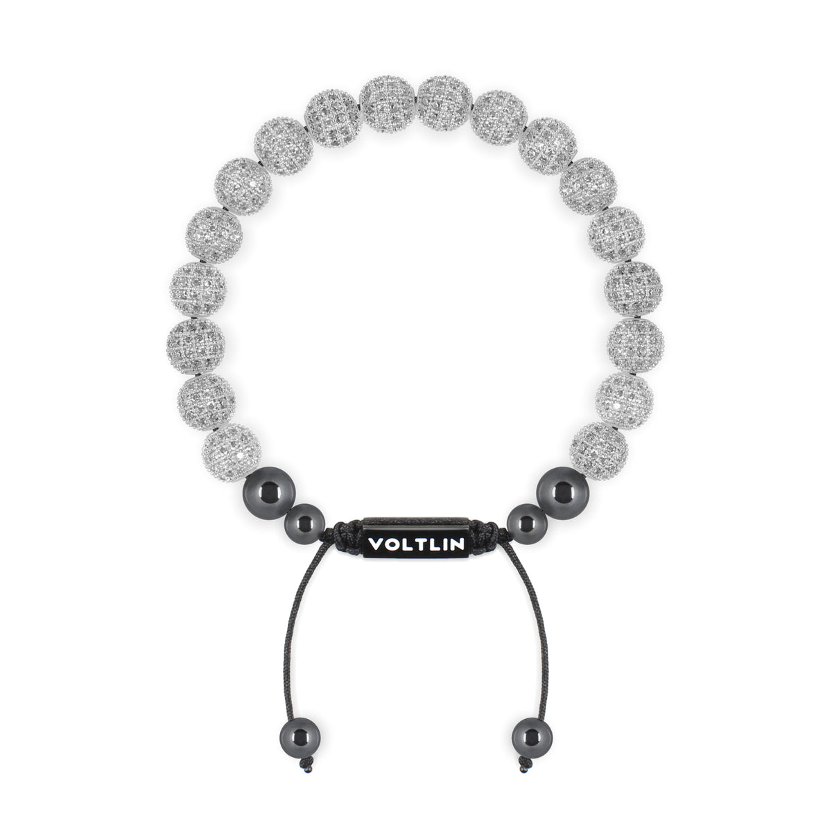 Top view of an 8mm Silver Pave crystal beaded shamballa bracelet with black stainless steel logo bead made by Voltlin