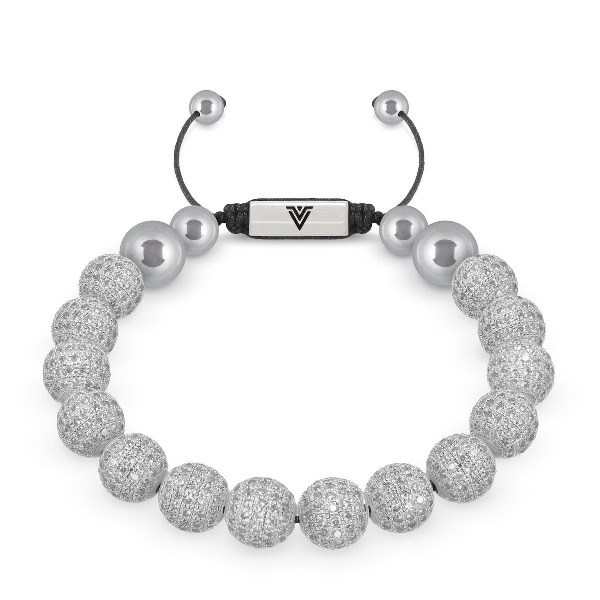 Front view of a 10mm Silver Pave beaded shamballa bracelet with silver stainless steel logo bead made by Voltlin