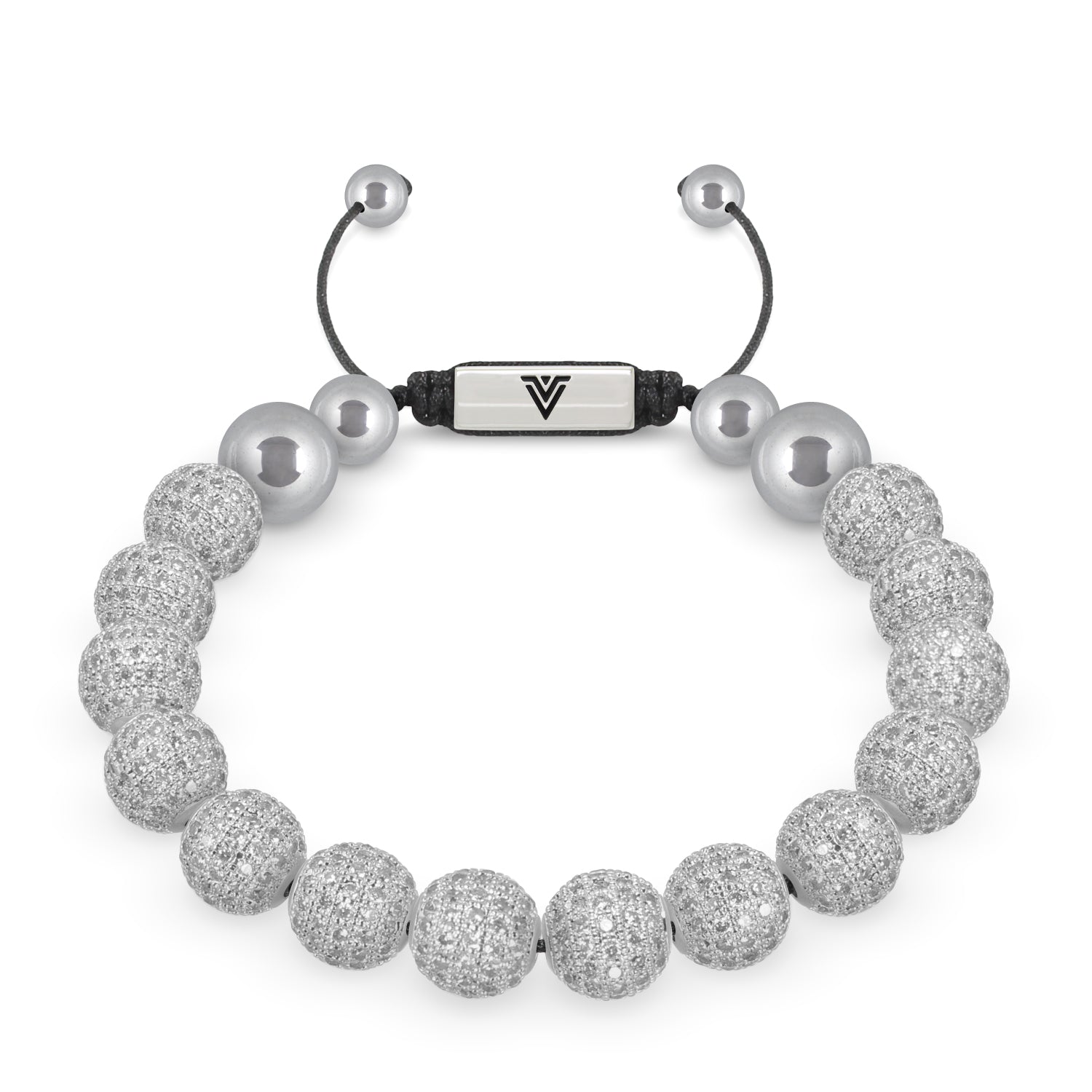 Front view of a 10mm Silver Pave beaded shamballa bracelet with silver stainless steel logo bead made by Voltlin