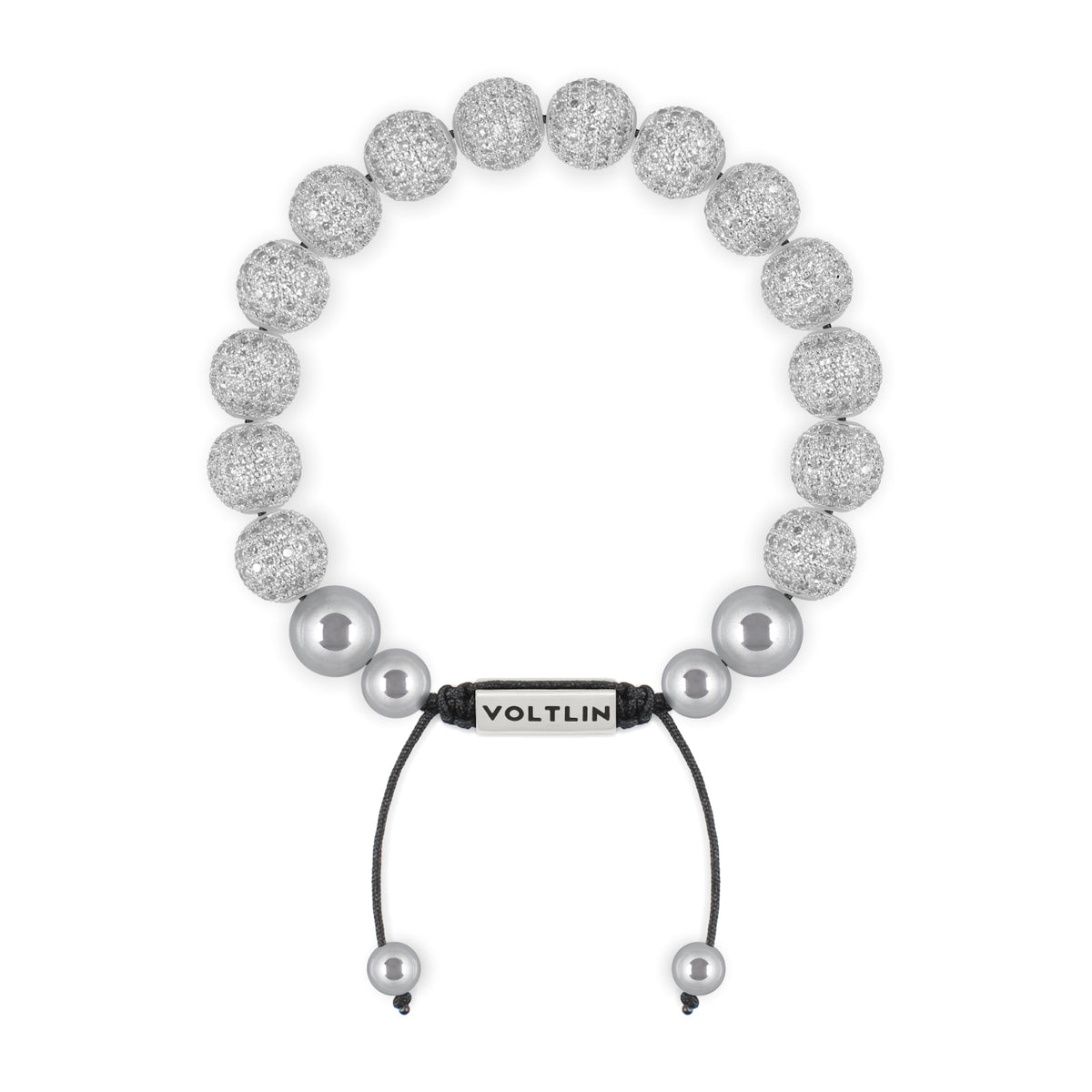 Top view of a 10mm Silver Pave beaded shamballa bracelet with silver stainless steel logo bead made by Voltlin