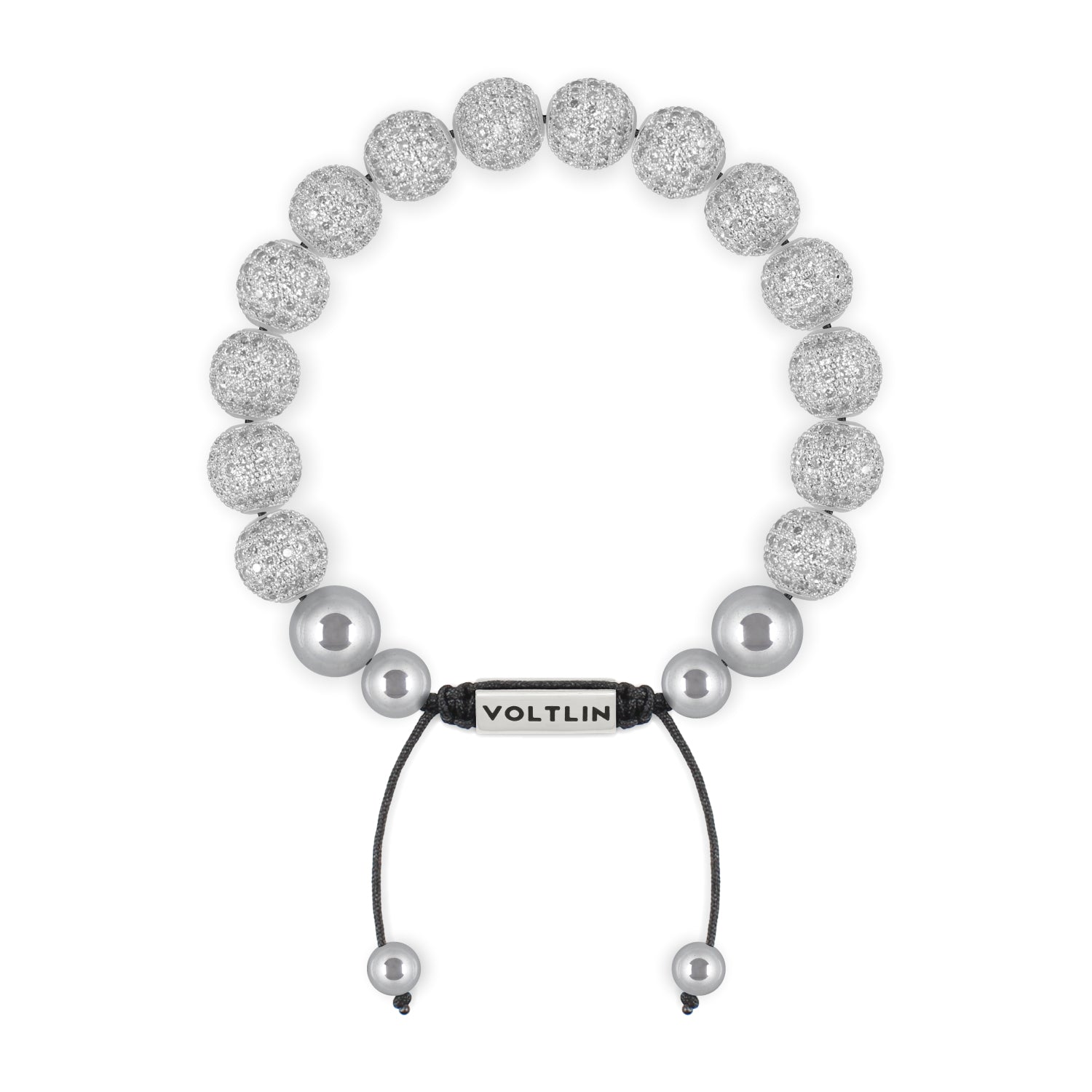 Top view of a 10mm Silver Pave beaded shamballa bracelet with silver stainless steel logo bead made by Voltlin