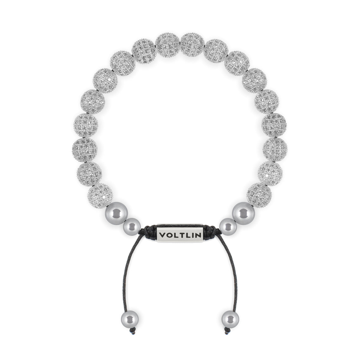 Top view of an 8mm Silver Pave beaded shamballa bracelet with silver stainless steel logo bead made by Voltlin