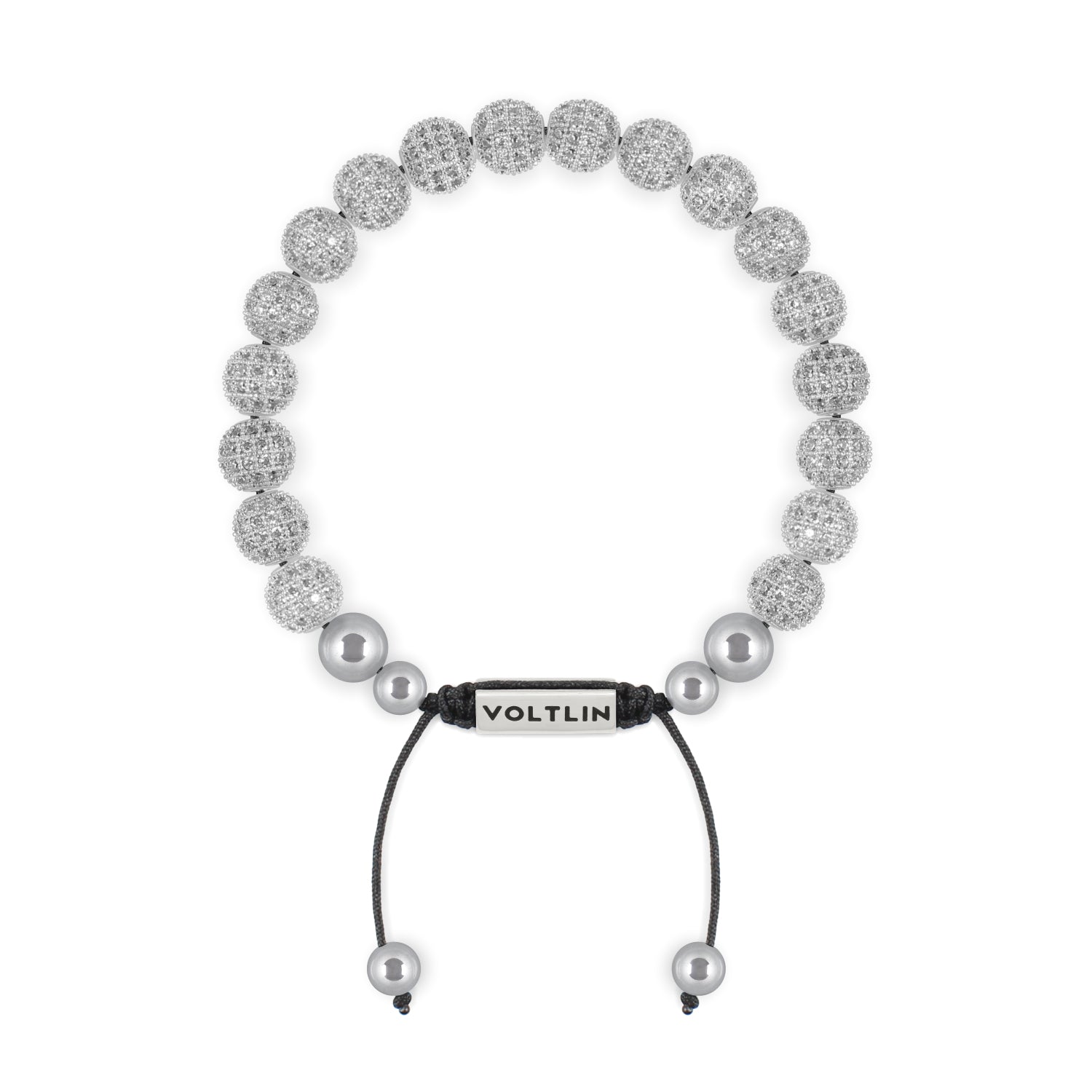 Front view of an 8mm Silver Pave beaded shamballa bracelet with silver stainless steel logo bead made by Voltlin