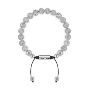 Top view of an 8mm Silver Pave beaded shamballa bracelet with silver stainless steel logo bead made by Voltlin