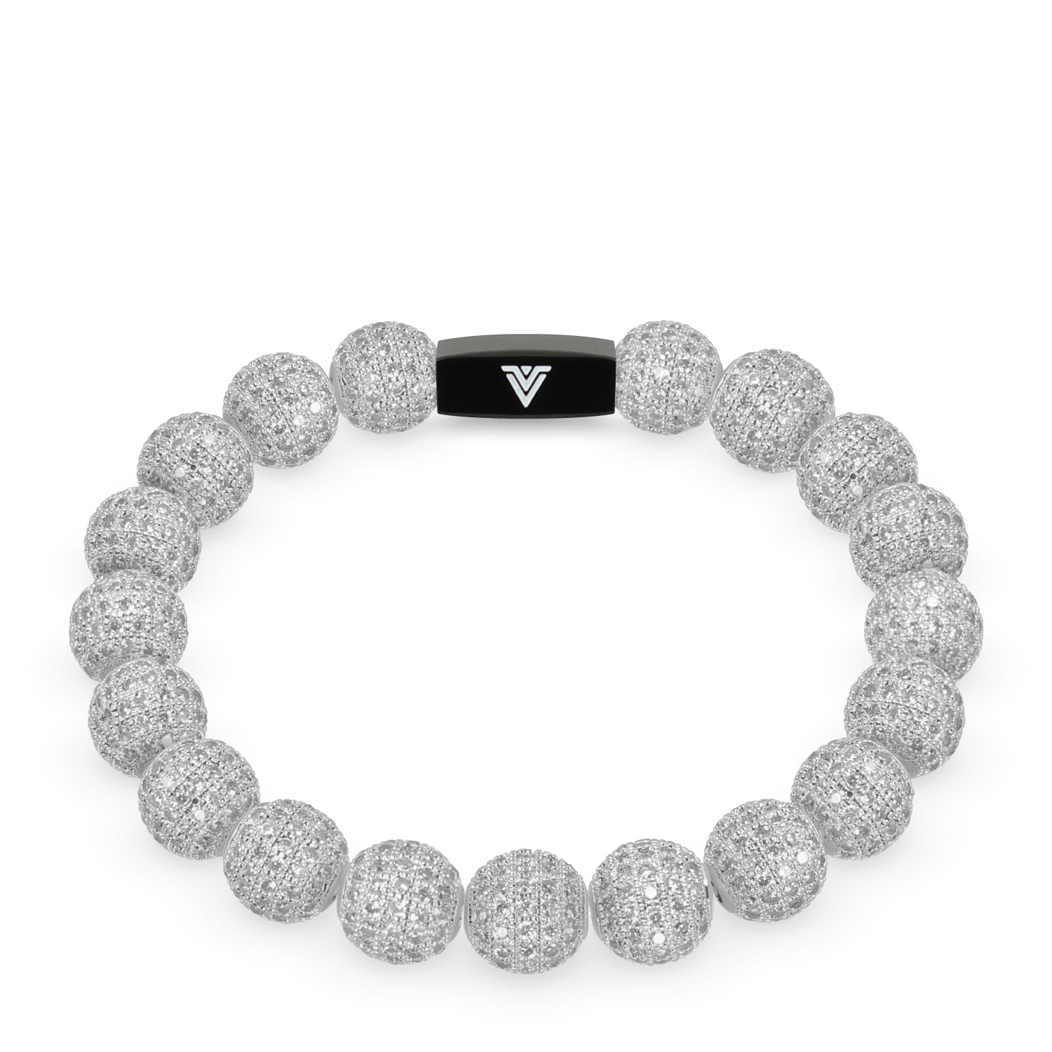 Front view of a 10mm Silver Pave crystal beaded stretch bracelet with black stainless steel logo bead made by Voltlin