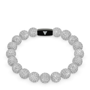 Front view of a 10mm Silver Pave crystal beaded stretch bracelet with black stainless steel logo bead made by Voltlin