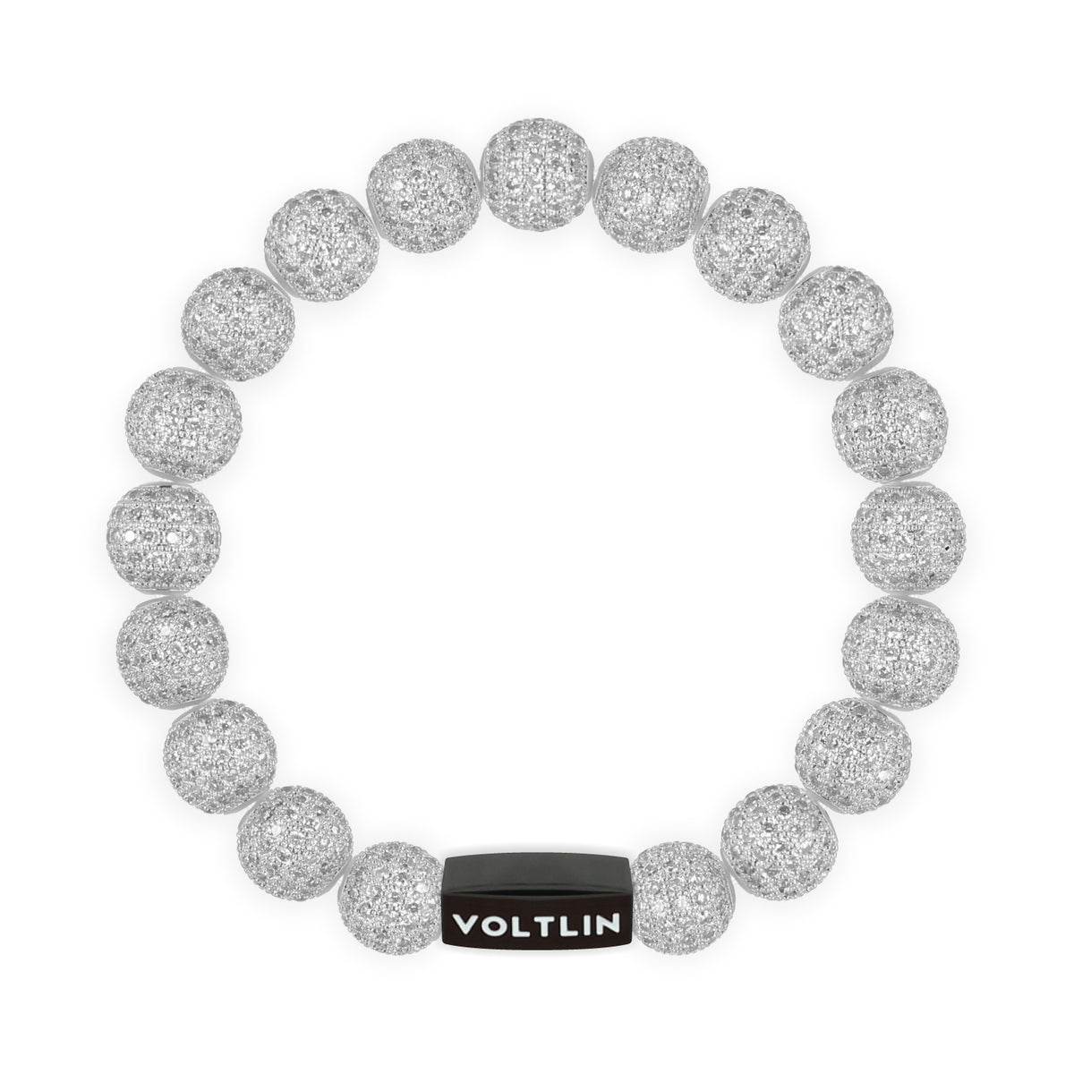 Top view of a 10mm Silver Pave crystal beaded stretch bracelet with black stainless steel logo bead made by Voltlin