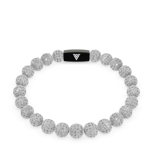 Front view of an 8mm Silver Pave crystal beaded stretch bracelet with black stainless steel logo bead made by Voltlin