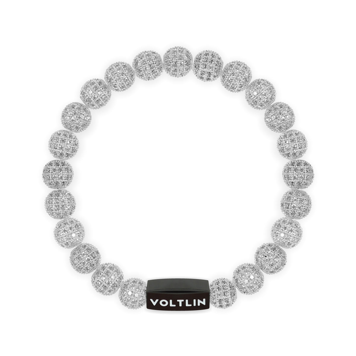 Top view of an 8mm Silver Pave crystal beaded stretch bracelet with black stainless steel logo bead made by Voltlin