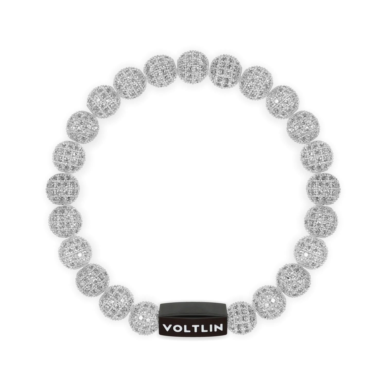 Top view of an 8mm Silver Pave crystal beaded stretch bracelet with black stainless steel logo bead made by Voltlin