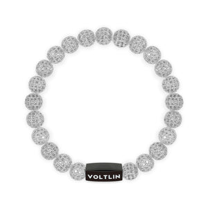 Top view of an 8mm Silver Pave crystal beaded stretch bracelet with black stainless steel logo bead made by Voltlin