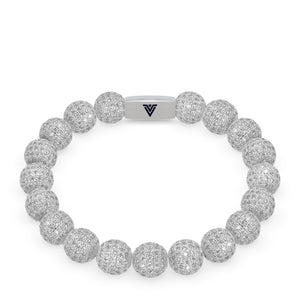 Front view of a 10mm Silver Pave beaded stretch bracelet with silver stainless steel logo bead made by Voltlin