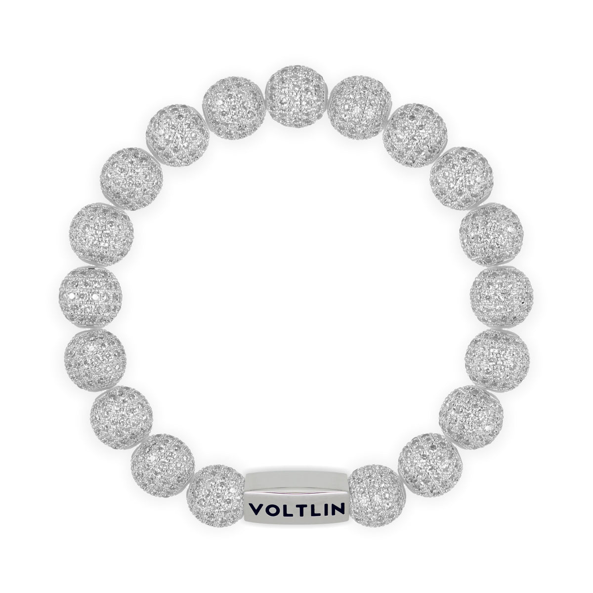 Top view of a 10mm Silver Pave beaded stretch bracelet with silver stainless steel logo bead made by Voltlin