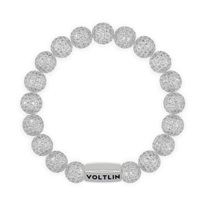 Top view of a 10mm Silver Pave beaded stretch bracelet with silver stainless steel logo bead made by Voltlin