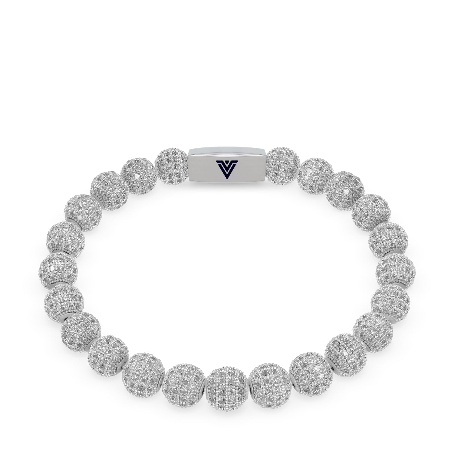 Front view of an 8mm Silver Pave beaded stretch bracelet with silver stainless steel logo bead made by Voltlin