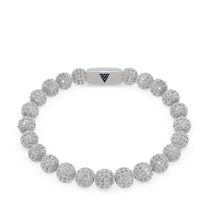 Front view of an 8mm Silver Pave beaded stretch bracelet with silver stainless steel logo bead made by Voltlin