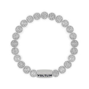 Top view of an 8mm Silver Pave beaded stretch bracelet with silver stainless steel logo bead made by Voltlin