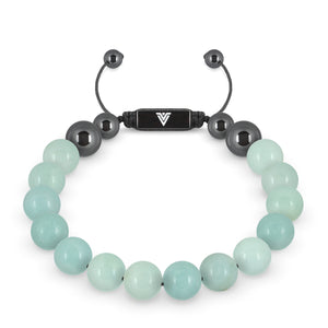 Front view of a 10mm Smooth Amazonite crystal beaded shamballa bracelet with black stainless steel logo bead made by Voltlin