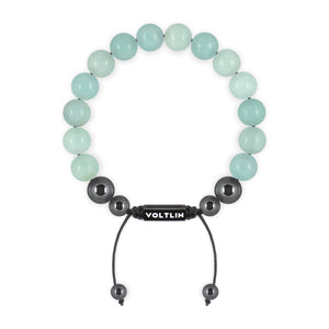 Top view of a 10mm Smooth Amazonite crystal beaded shamballa bracelet with black stainless steel logo bead made by Voltlin
