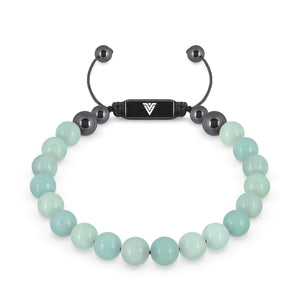 Front view of an 8mm Smooth Amazonite crystal beaded shamballa bracelet with black stainless steel logo bead made by Voltlin