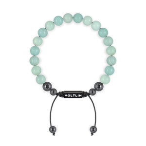 Top view of an 8mm Smooth Amazonite crystal beaded shamballa bracelet with black stainless steel logo bead made by Voltlin