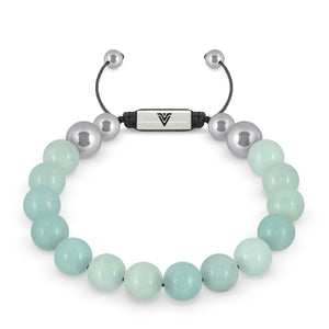 Front view of a 10mm Smooth Amazonite beaded shamballa bracelet with silver stainless steel logo bead made by Voltlin