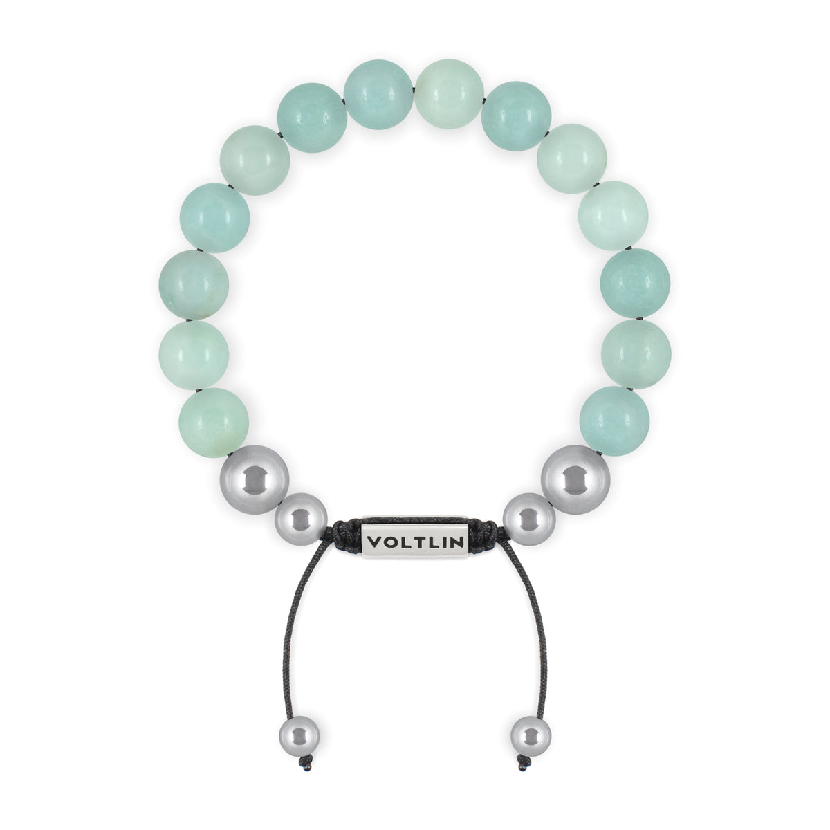 Top view of a 10mm Smooth Amazonite beaded shamballa bracelet with silver stainless steel logo bead made by Voltlin