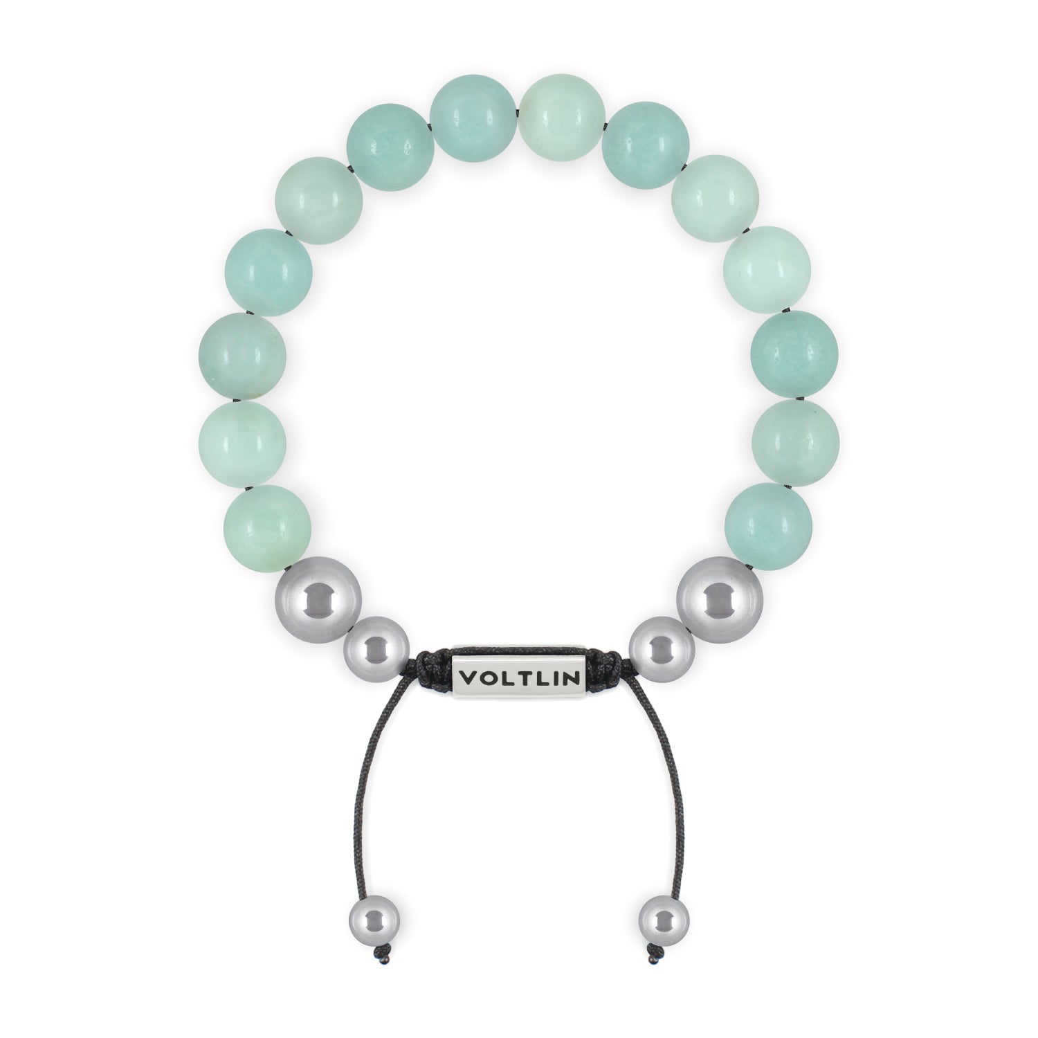 Top view of a 10mm Smooth Amazonite beaded shamballa bracelet with silver stainless steel logo bead made by Voltlin